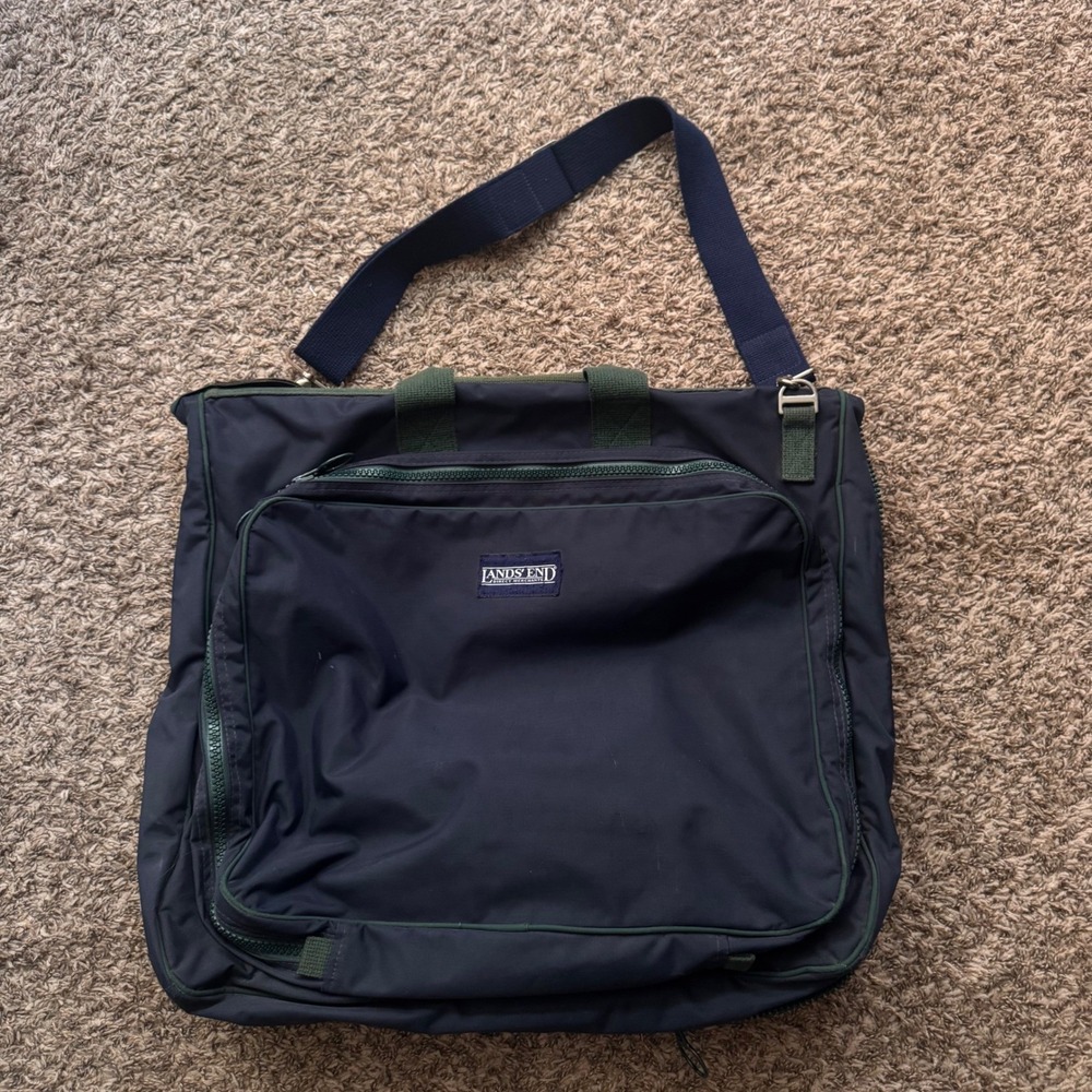Lands End Vintage Navy Garment Bag Bi-Fold Travel Carry On Suit Bag Made in USA